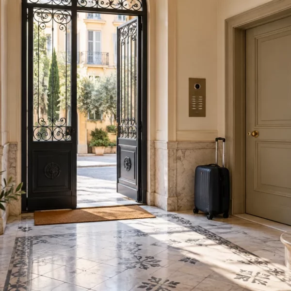 Hall d’un immeuble collectif avec boîtes aux lettres et bagage, illustration de la location touristique en copropriété