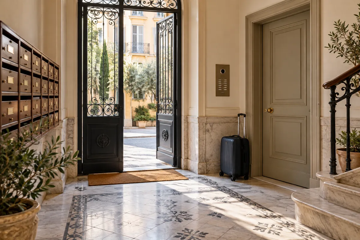Hall d’un immeuble collectif avec boîtes aux lettres et bagage, illustration de la location touristique en copropriété