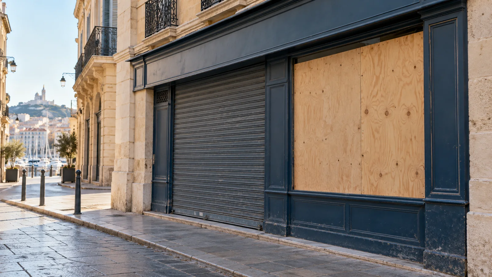 Devanture de commerce fermée et vitrine protégée par un panneau de bois, illustration des difficultés des commerçants à Marseille.