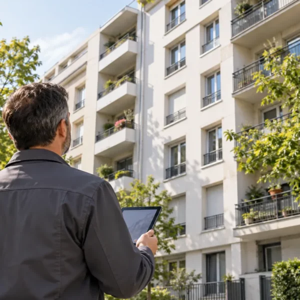 Technicien observant la façade d’un immeuble résidentiel pour un diagnostic énergétique collectif