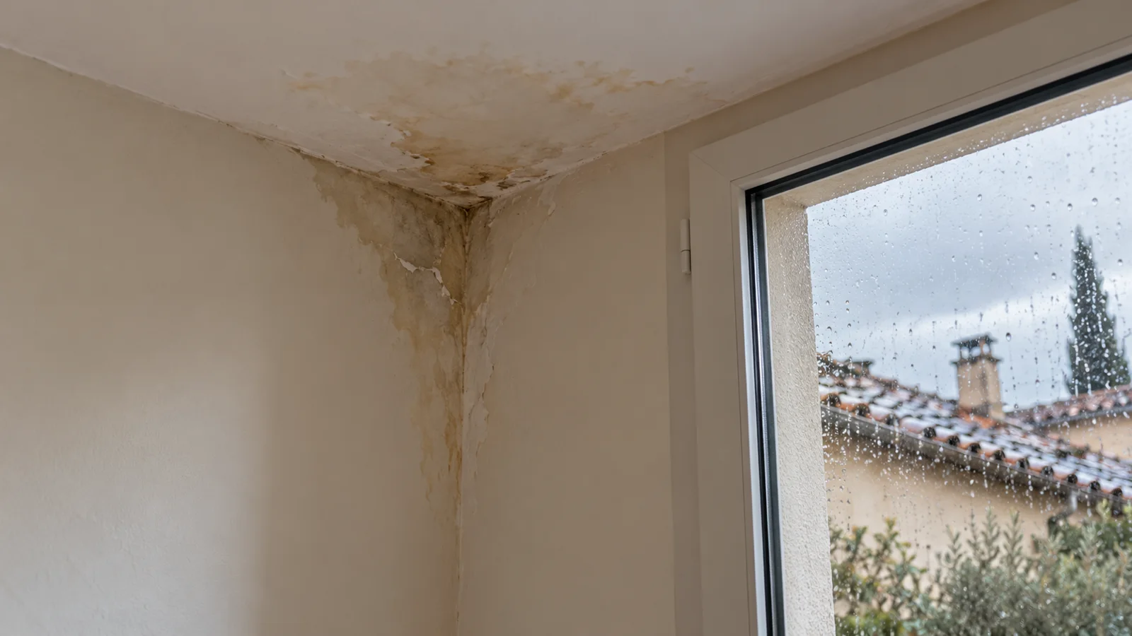 Traces d’infiltration d’eau sur le mur et le plafond d’une maison après des intempéries.