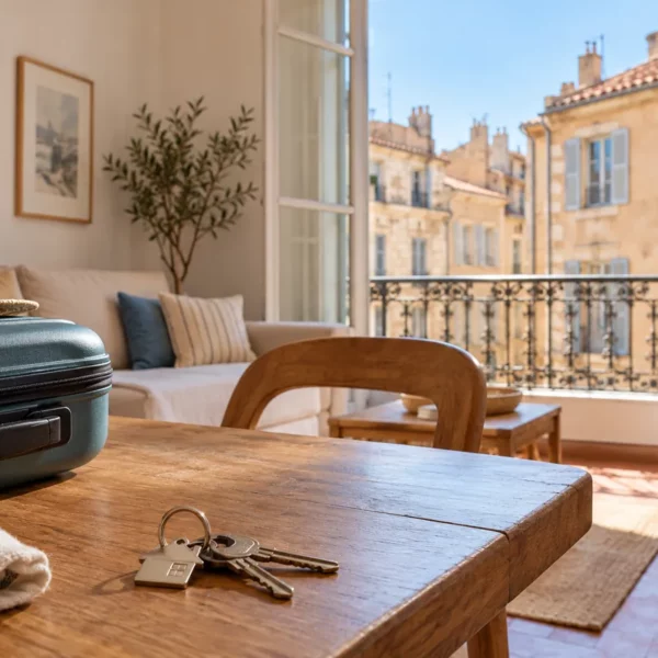 Appartement méditerranéen avec valise et clés, illustration de la location touristique à Marseille