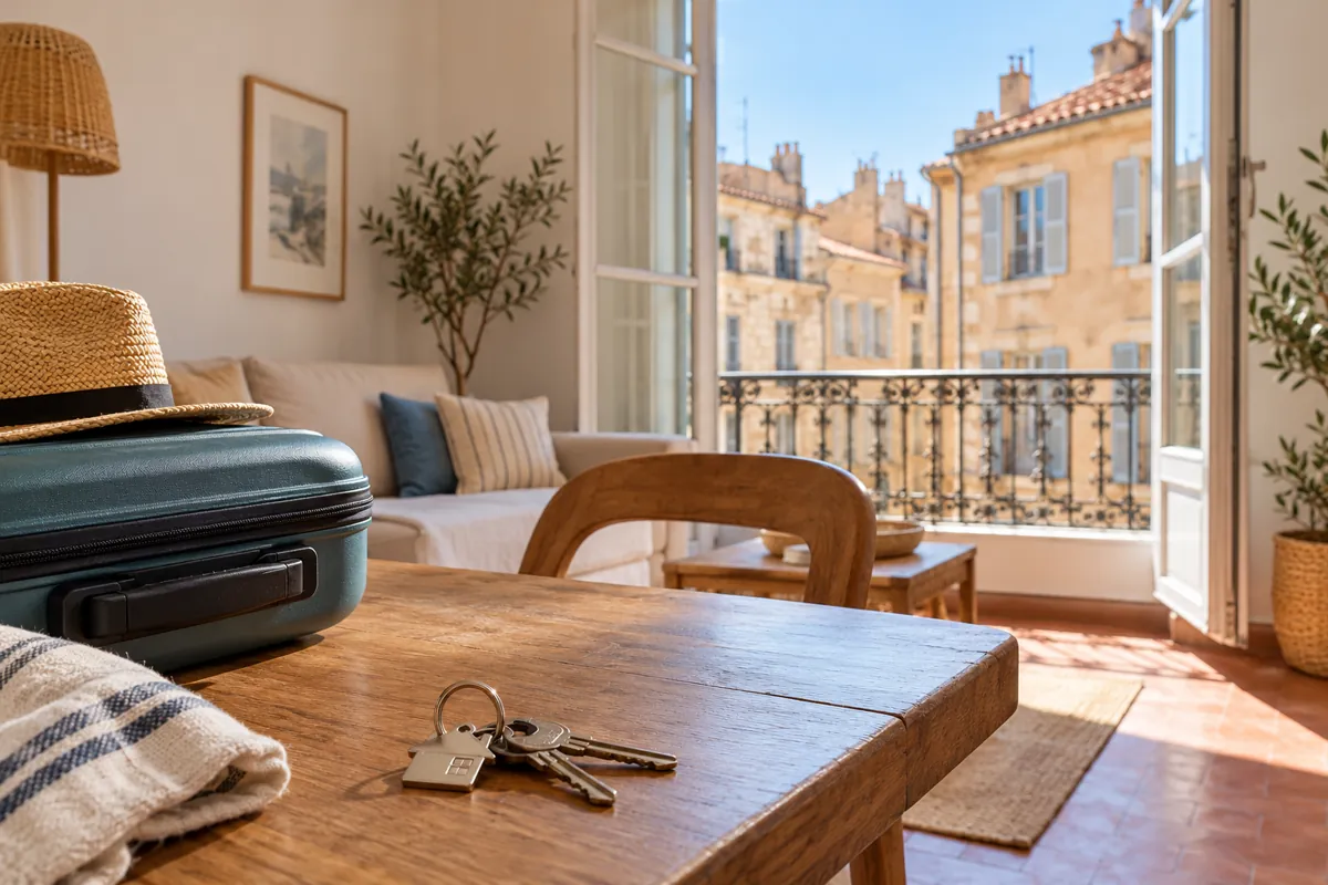 Appartement méditerranéen avec valise et clés, illustration de la location touristique à Marseille