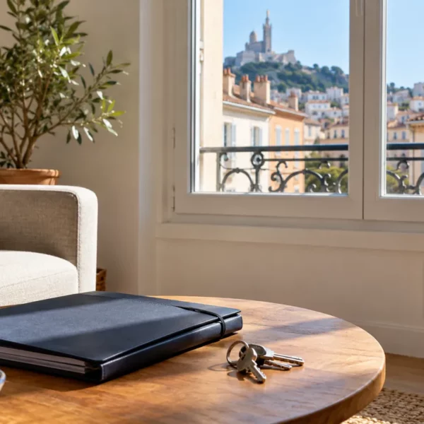Appartement lumineux avec ventilation, dossier et clés, illustration des démarches de mise en location
