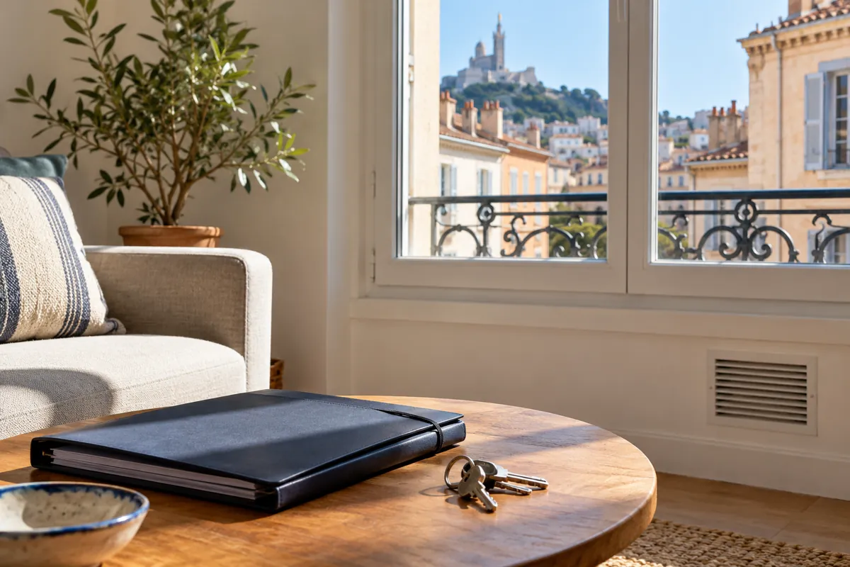 Appartement lumineux avec ventilation, dossier et clés, illustration des démarches de mise en location
