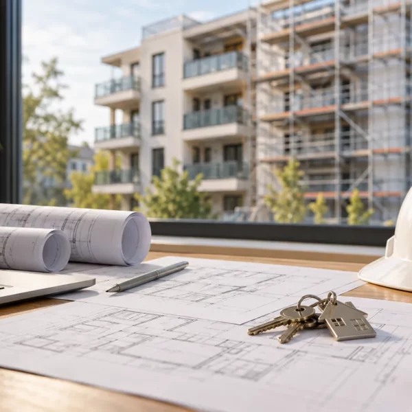 Plans de bâtiment, clés et casque de chantier devant un immeuble en rénovation
