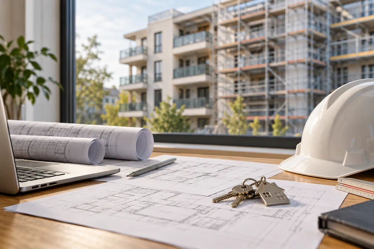 Plans de bâtiment, clés et casque de chantier devant un immeuble en rénovation